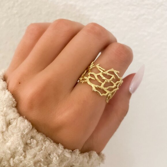 925 Sterling Silver Gold Textured Ring Vine Coral Tree Branch Ring Boho Ring - Picture 6 of 9